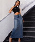High-Waisted Denim Fringe Fishtail Skirt for Trendy Style
