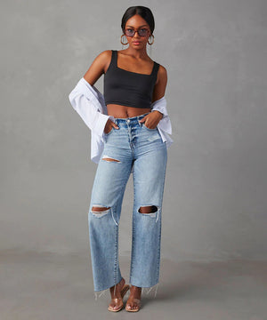 High-Waisted Fringed Jeans For Women Straight-Leg Blue