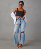 High-Waisted Fringed Jeans For Women Straight-Leg Blue
