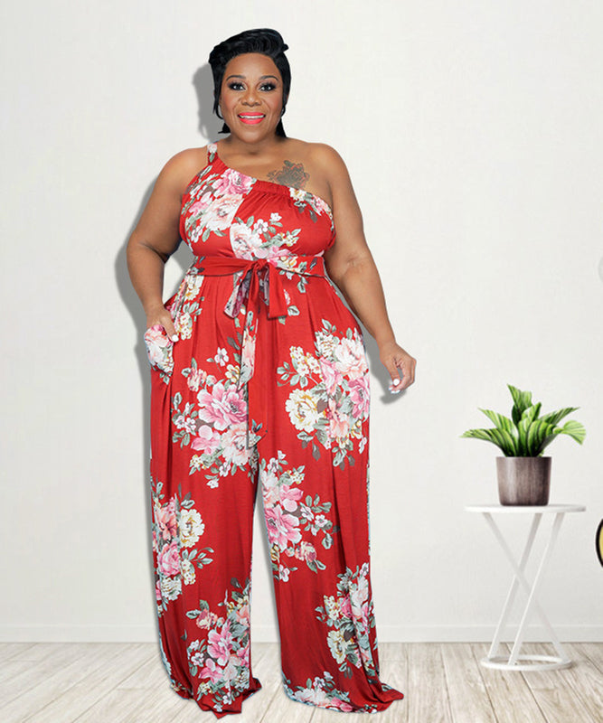 Chic Casual Jumpsuit With Large Floral Print in Red