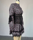 Chic Printed Waist Long Sleeve Short Lace Dress in Purple Pink