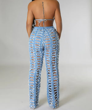 Women's Wide Leg Denim Trousers with Trendy Perforated Fringes