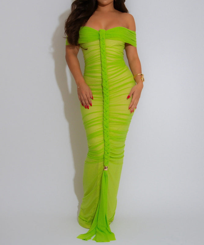 Pleated Mesh Maxi Dress