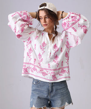 Loose Floral Embroidered Long Sleeve Shirt Viscose Blend