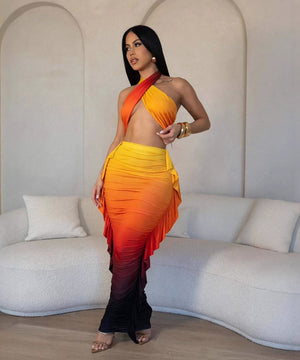 Ombre Pleated Crop Top and Skirt Set