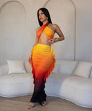 Fashionable Yellow Low-Cut Pleated Print Set for Stylish Look