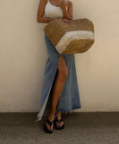 High Waisted Denim Skirt With Slit Full Skirt Deep Blue