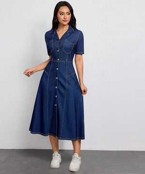 Denim Waist-Hugging Dress with Short Sleeves in Deep Blue