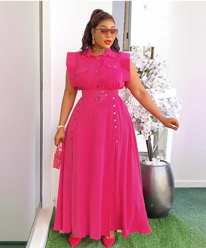 Two Piece Solid Color Sleeveless Dress And Skirt Set Slit