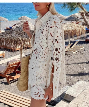 Beige Lace Blouse And Shorts Set Open Neck Long Sleeves