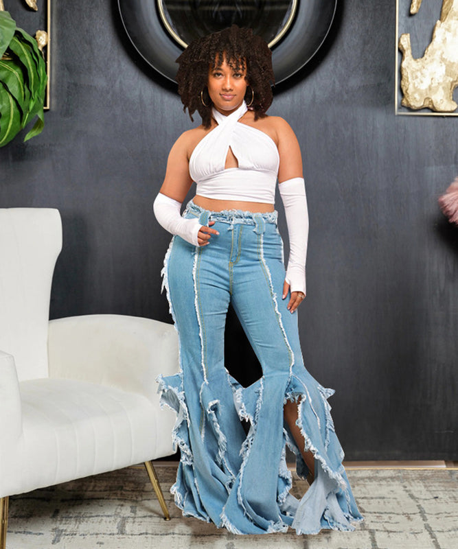 Fluffy Fringed Wide Leg Denim Pants Light Blue For Women