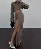 High Waisted Slit Pleated Flower Decorated Half Length Dress