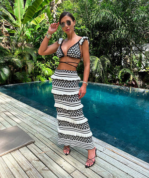 Striped Bikini Set with Ruffled Vest and Strappy Top Design