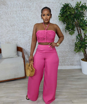 Chic Two-Piece Set with Tie-Up Top and High-Waisted Trousers