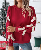 Round-Neck Bow Tie Christmas Hoodie For Women Cozy Fit Relaxed
