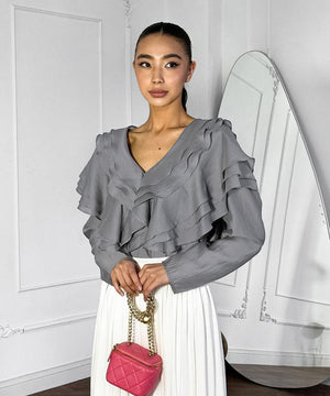 Chic V-Neck Peplum Halter Long-Sleeved Shirt for Style