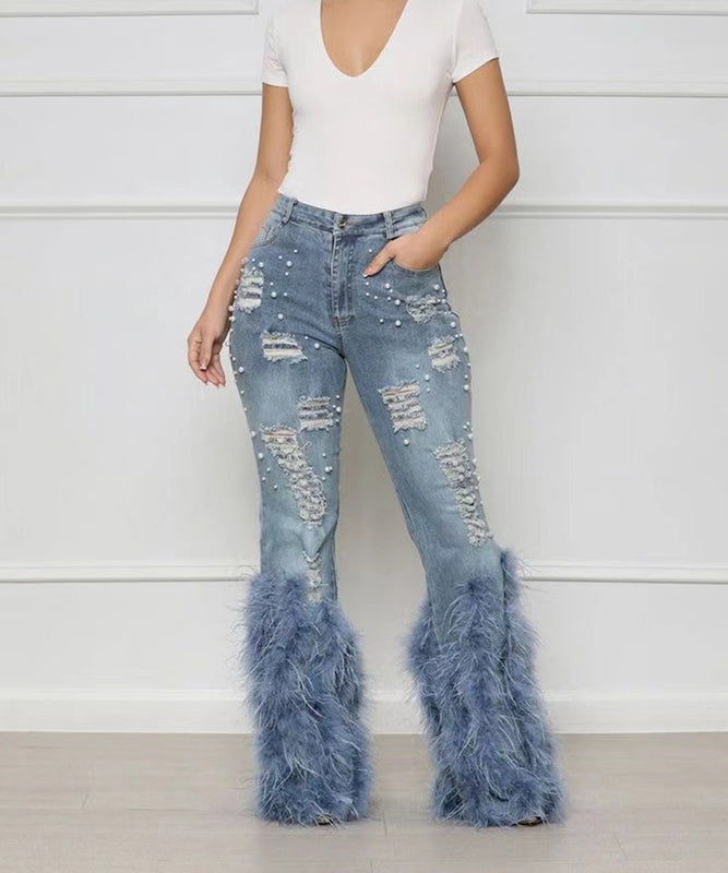 Fashionable Denim Jeans with Beaded and Fur Detailing