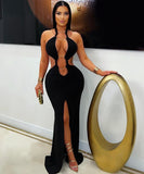 Off-The-Shoulder Fish-Tail Slit Dress With Cutout Design Sleek Evening Silhouette