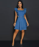 Blue Denim Casual Fitted Dress with Collect Waist Design