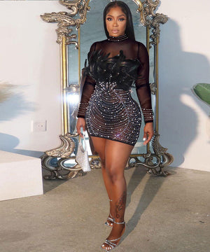 Sexy Hot Drill Feather See-Through Elastic Wrap Dress