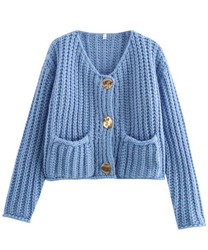 Relaxed Short Button Sweater Coat With Double Pockets