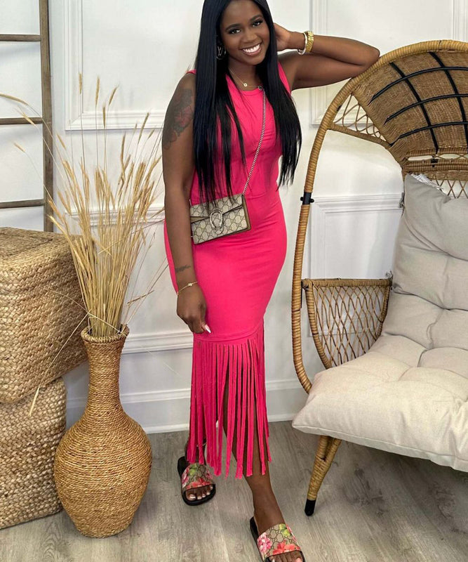 Solid Color Sleeveless Fringed Dress in Deep Pink Black Blue