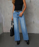Women Distressed Denim Patchwork Wide Leg Pants Blue
