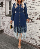 Artisan Patchwork Lapel Fringe Midi Dress