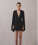 Elegant V-neck High-Waisted Dress with Puffy Sleeves