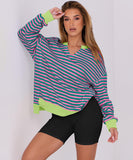 Striped V-Neck Loose Sports Shirt Hoodie For Women Relaxed Fit Moisture-Wicking Everyday
