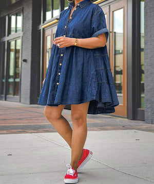 Plus Size Denim Cowl Neck Short Sleeve Puffy Skirt Dress