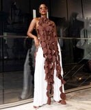 Sexy Sleeveless Backless Sheer Long Dress in Brown Black Rose