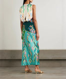 Green Satin Twist Knot Sleeveless Dress Positioned Print