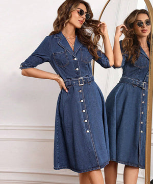 Curved Fitted Denim Dress with Short Sleeves and Waist Detail