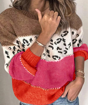 Classic Womens Leopard Patchwork Relaxed Knit Sweater