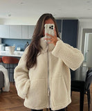 Solid Color Lambskin High Neck Woolen Coat Beige Warm