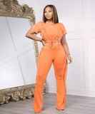 Solid Color Short Sleeve Stretch Fringed Clothing Set
