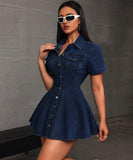 Casual Denim Blazer Dress with Cowl Neck and Short Sleeves