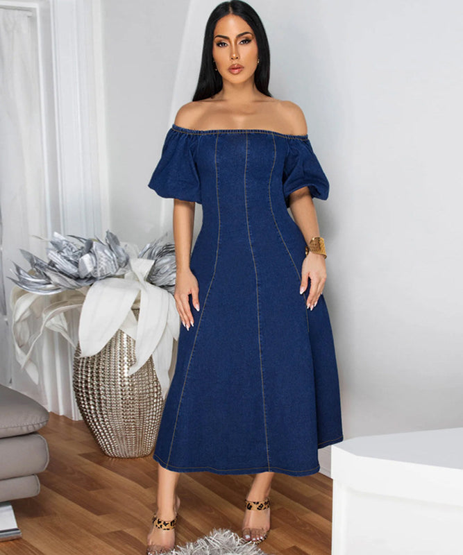Deep Blue Denim U Neck Long Sleeve Dress for Effortless Style