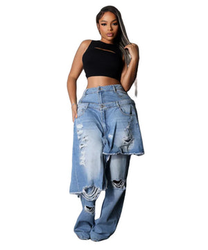 Apron Frayed Hem Straight Leg Pant Set