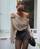 Chic Sexy Fashion Diagonal Shoulder Chiffon Slim-Fit T-Shirt