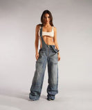 Low Waist Belted Wide Leg Jeans in Classic Blue or Black