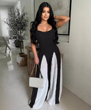 Sexy Sheer Wide-Leg Knitted Halter Top Color-Block Pants