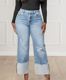 Blue Washed Long Jeans With Outward-Folded Cuffs For Comfort