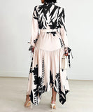 Printed V Neck Long Sleeve Dress with Belt Irregular Pattern