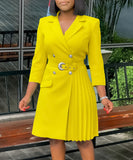 High Waisted Fashionable Pleated Patchwork Mid Length Suit Dress
