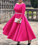 Solid Color A Line Evening Dress Long Sleeve With Belt Available in Pink Green Rose Red White and Black