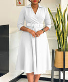 Collared Fashionable Solid Color Long Sleeved Dress With Large Skirt and Belt