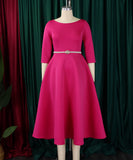 Solid Color A Line Evening Dress Long Sleeve With Belt Available in Pink Green Rose Red White and Black