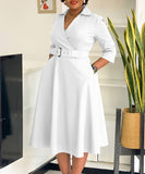Collared Fashionable Solid Color Long Sleeved Dress With Large Skirt and Belt